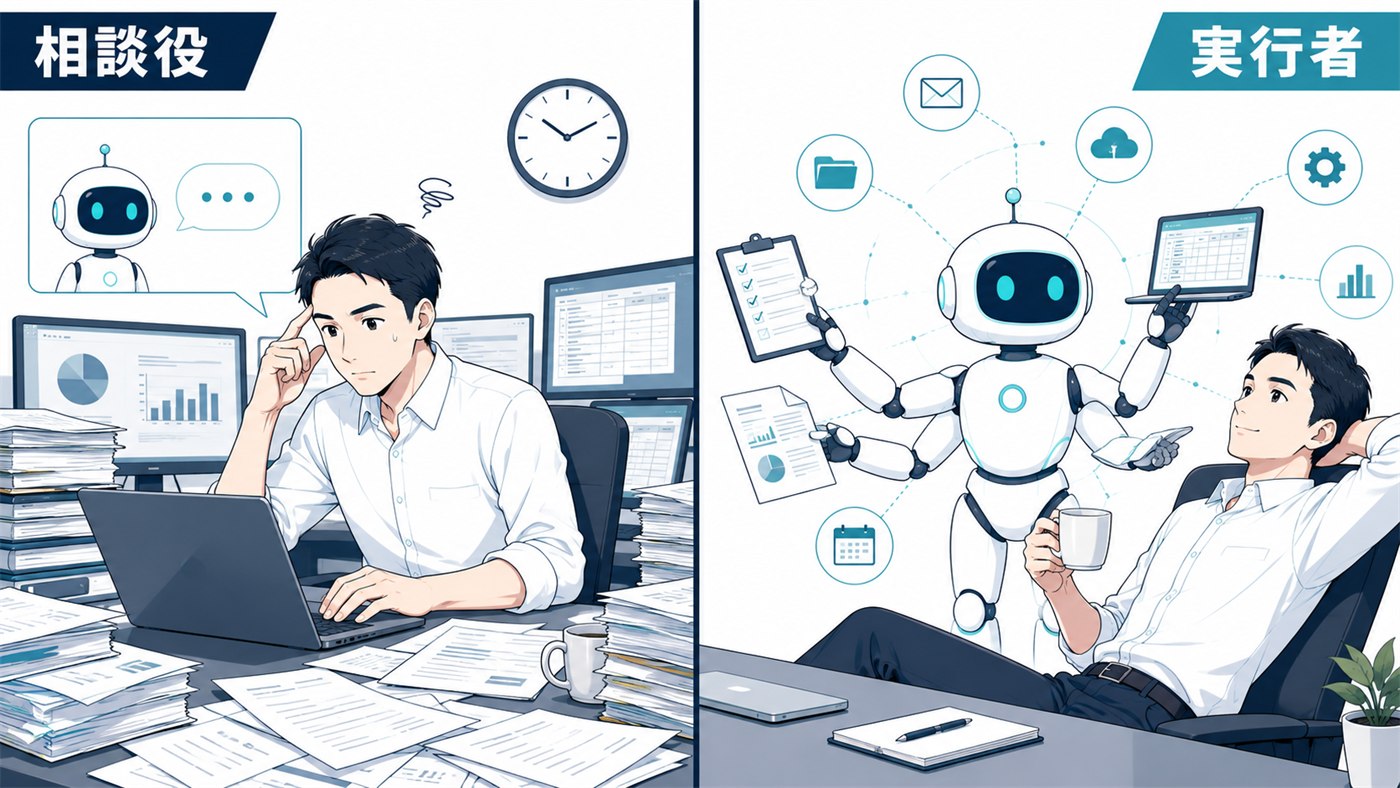 図1：「相談役（チャットAI）」と「実行者（AIエージェント）」の違い