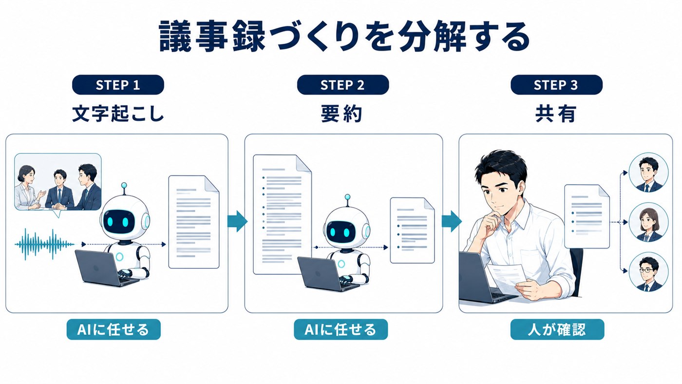 図2：議事録づくりを分解する（文字起こし・要約はAIに任せ、共有は人が確認）