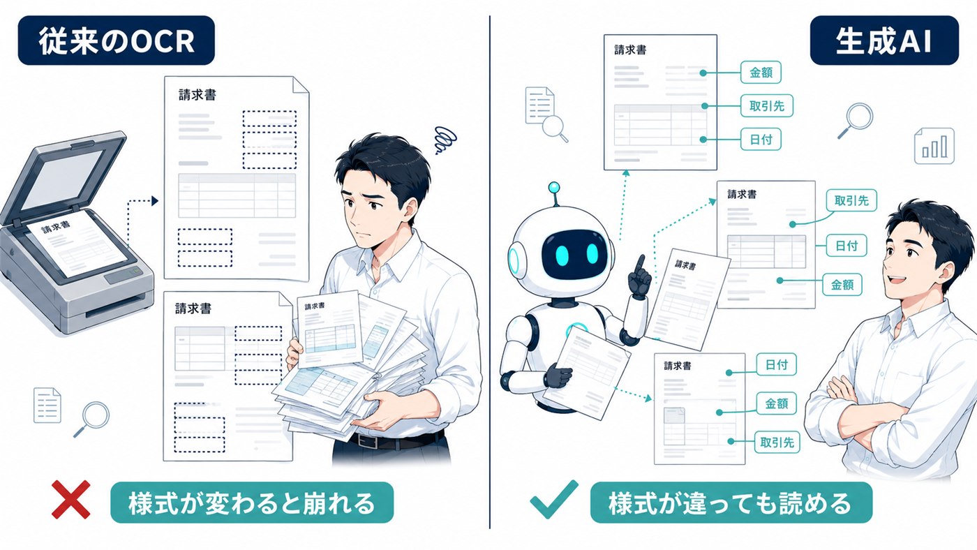 図1：「決まった場所を読むOCR」と「意味で読むAI」の違い