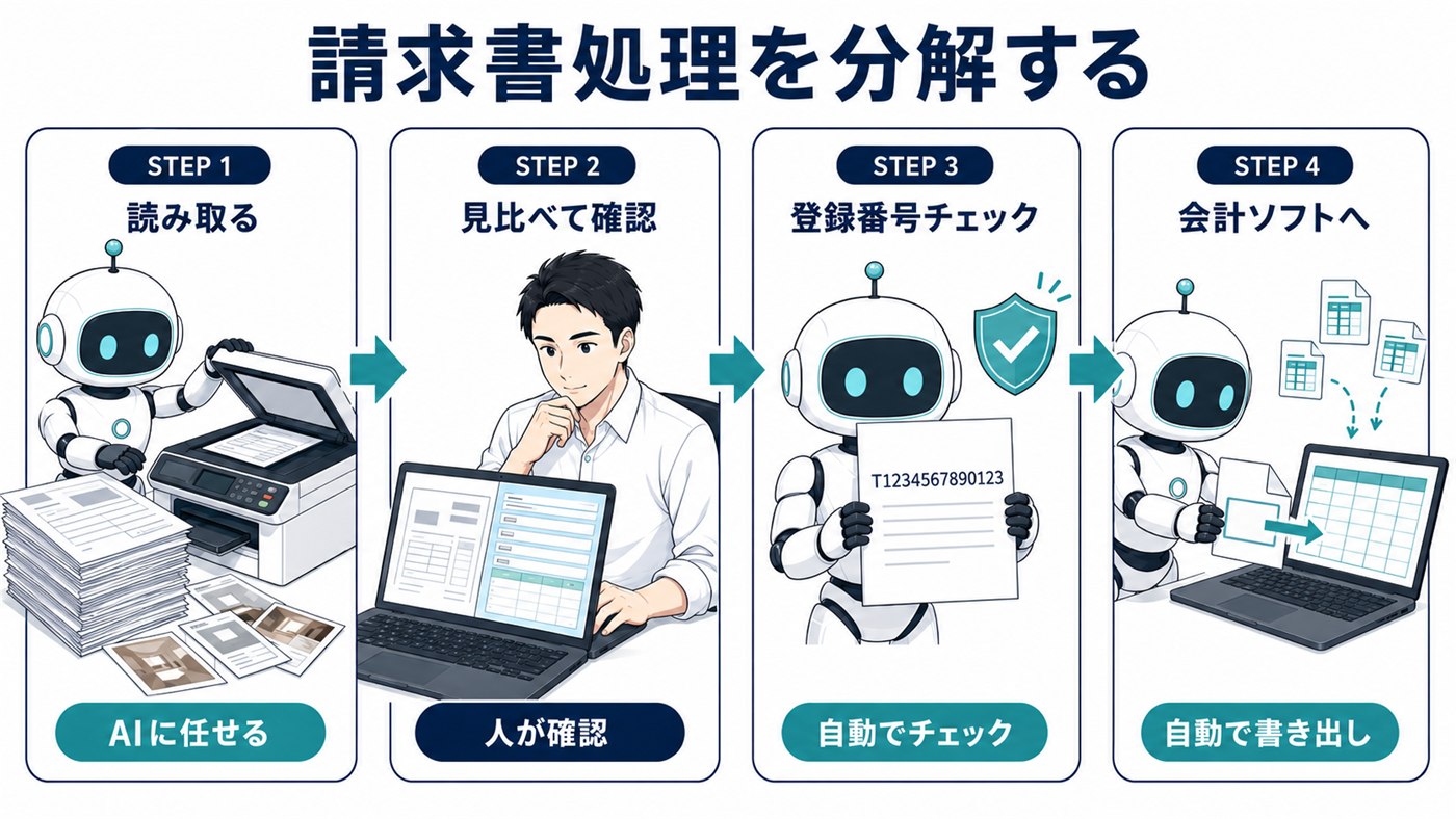 図2：請求書処理を分解する（「読む」は一工程。任せる所と、人が確定する所を分ける）