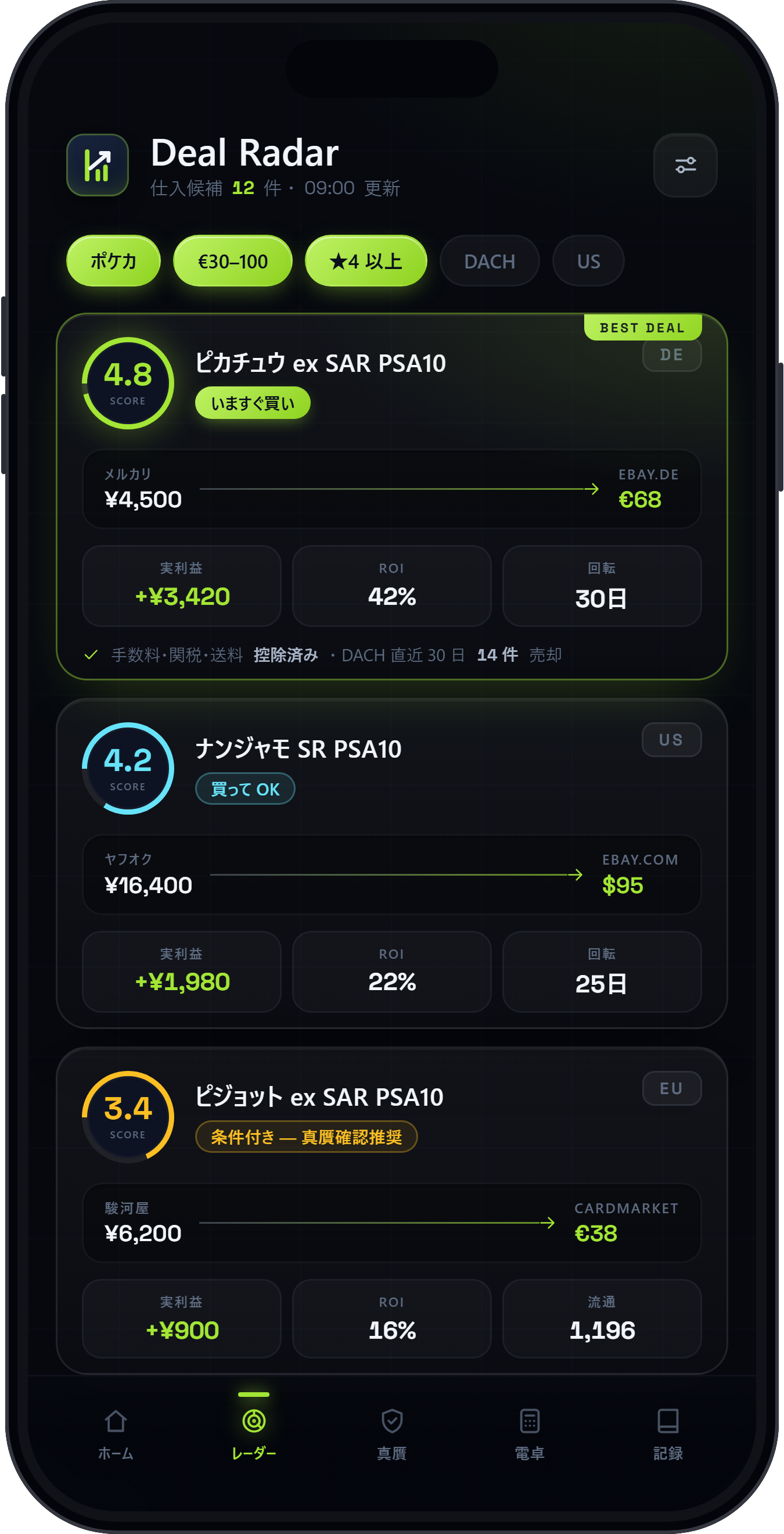Kachiyomi Score Deal Radar スマホ画面（開発中のデモ画面・データは架空）
